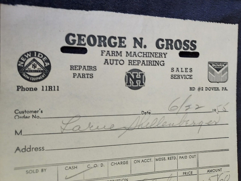 1955 Advertising Invoice George N Gross Dover PA Farm Machinery Oliver New Idea gallery