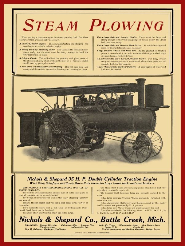 1907 Nichols & Shepard Traction Engine NEW Sign 24″x30″ USA STEEL XL Size 7 lbs