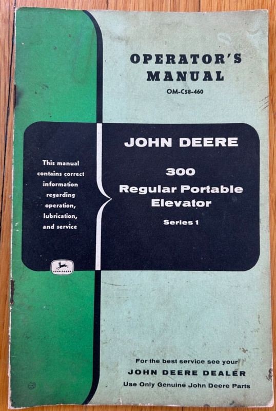 ’60s vtg John Deere 300 Regular Portable Elevator OM-C58-460 MANUAL tractor book