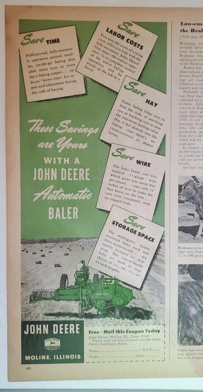 1951 John Deere Automatic Baler Half Page Magazine Ad