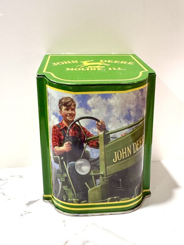 Vintage John Deere Moline IL Metal Tin Can Storage Container Farm Tractor Decor