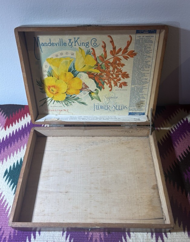 Antique Mandeville & King Wooden Seed Box Advertising Flower Store Display Litho gallery