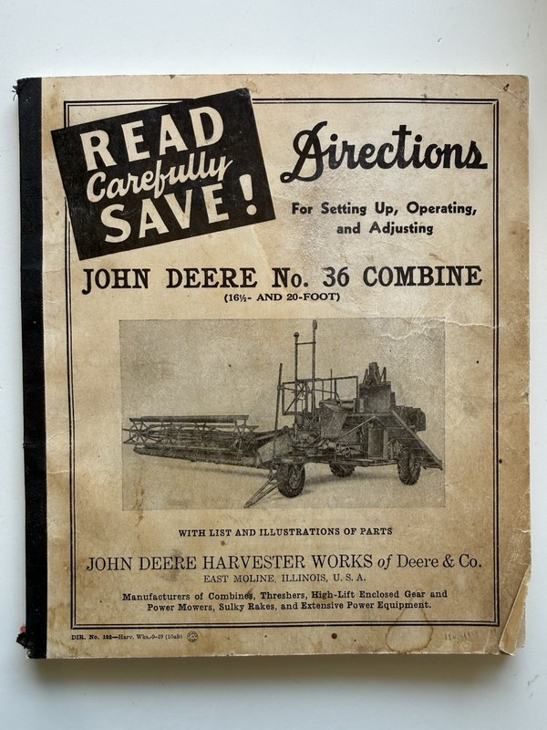 John Deere No. 36 Combine Directions Manual – Setup, Operation & Adjusting