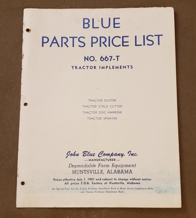 VINTAGE 1950s John Blue Implements Tractor Catalog Parts Price List 667-T