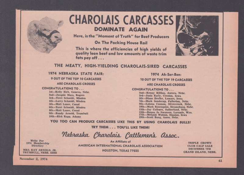 1974 Print Ad Nebraska Charolais Cattlemen’s Assoc. Charolais Carcasses Dominate