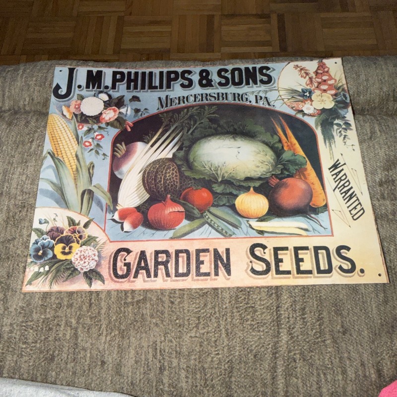 Vintage J M Phillips Garden Seeds Mercersburg, PA Metal Sign-Very Good 12.5″x16″