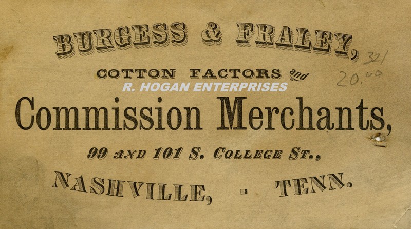 Vintage 1879 BURGESS & FRALEY COTTON MERCHANTS NASHVILLE TENNESSEE AD CARD P1R