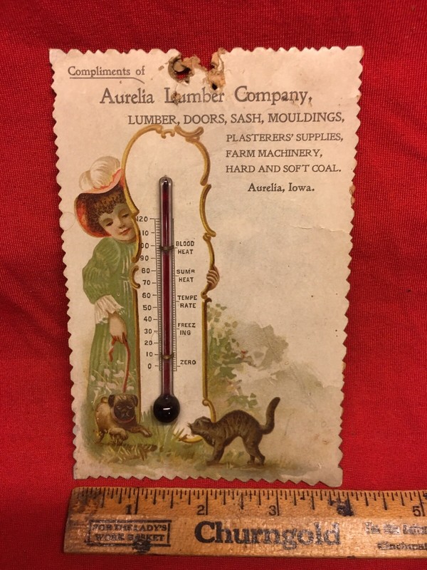 Vtg 1920’s Aurelia Iowa Lumber Farm Coal Die Cut Thermometer Hardware Black Cat