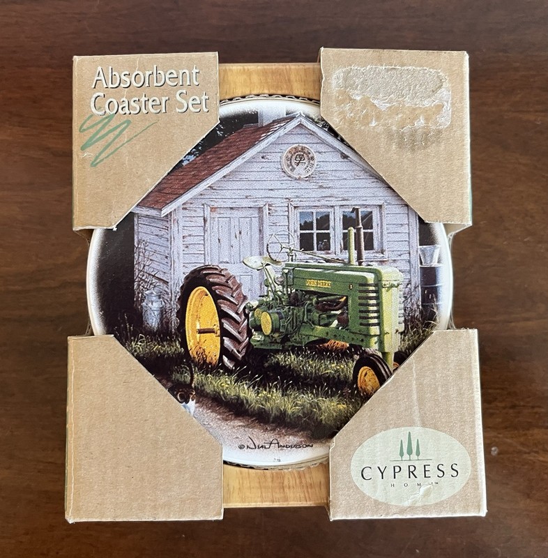 JOHN DEERE Absorbent Stone Coaster Set Lot of 4 Coasters Cork Bottom Beverage