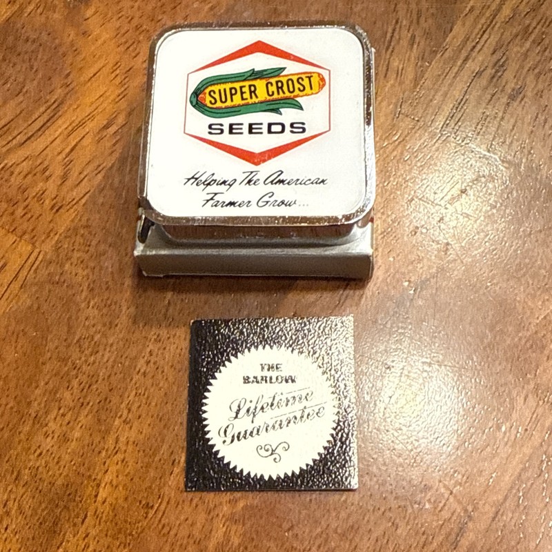 Vintage Barlow advertising Super Crost seeds metal tape measure Farm Seed Corn