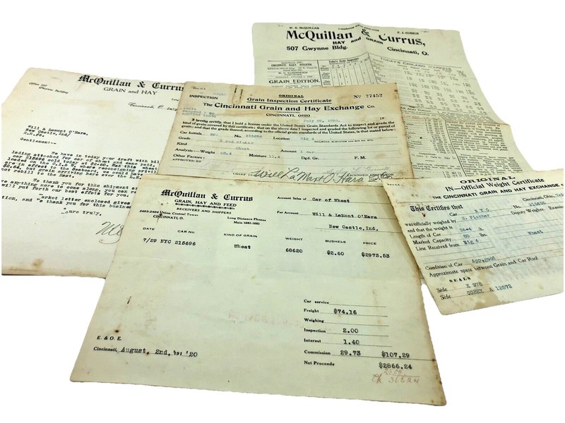 McQUILLAN & CURRUS 1920 Grain HAY & FEED INSPECTION CERTS/Prices/Signed Letters