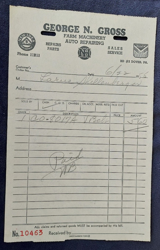 1955 Advertising Invoice George N Gross Dover PA Farm Machinery Oliver New Idea gallery