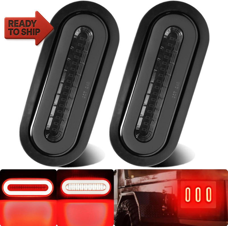 2Pcs 6″ Inch Smoked Lens Oval Red 52 Leds Trailer Boat Halo Brake Stop Running T