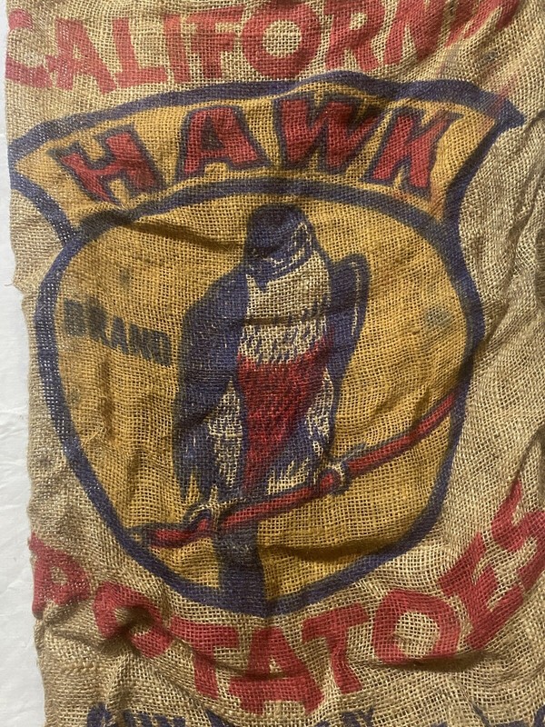 Vtg Hawk Brand Burlap Potato Bag Guy Hawkins Edison California Sack Potatoes