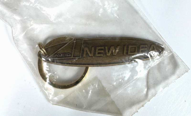 Vintage AVCO NEW IDEA Farm Equipment Brass Tone Keychain in Original Bag
