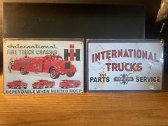 2-IH INTERNATIONAL HARVESTERS FIRE TRUCK CHASSIS METAL SIGN NIP 8”x12” FOR SHOP