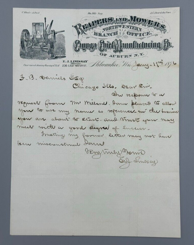 1876 CAYUGA CHIEF Machinery FARM Letter Antique Advertising AUBURN NY Milwaukee