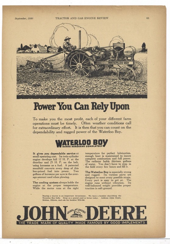 1920 John Deere Tractors Ad: Waterloo Boy Kerosene Tractors 12-25HP