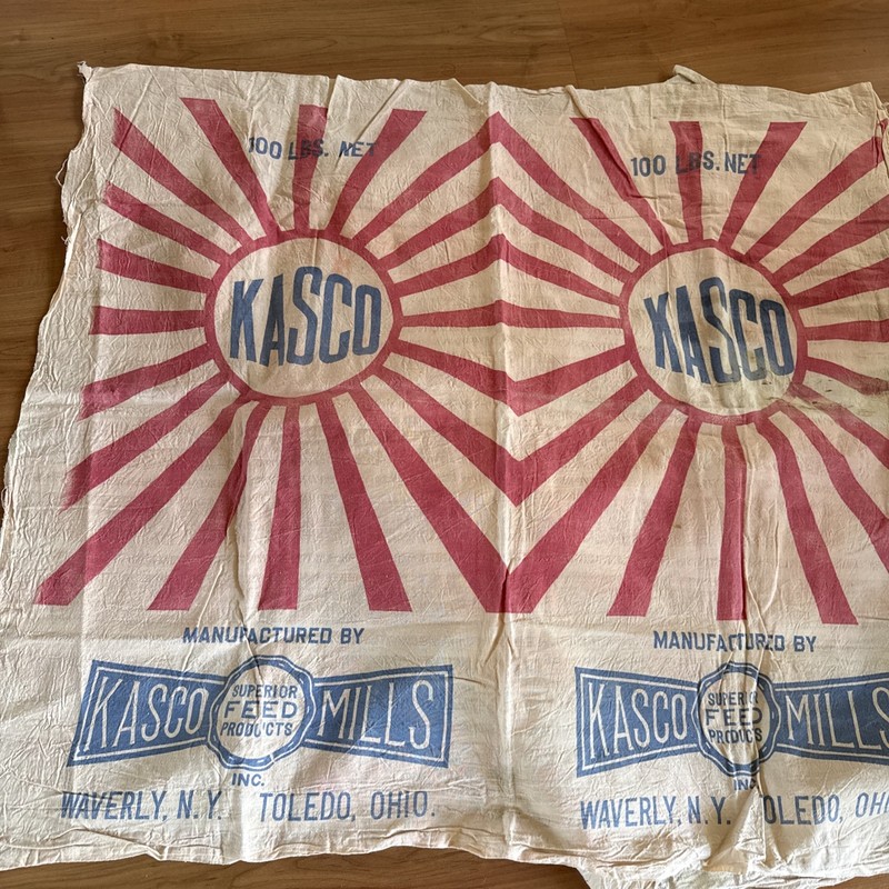 Lot of 2 – Vintage Agriculture Advertising Kasco Seed Cloth Bags red white blue