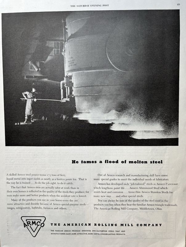 1947 ARMCO Steel Company Molten Pourer Fiery Molds Middletown Ohio VTG Print Ad