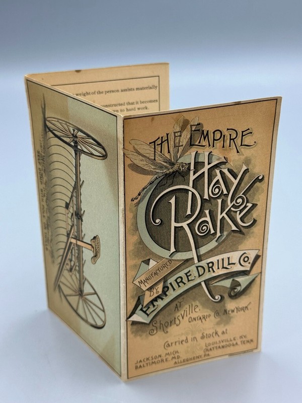 1880s EMPIRE DRILL Hay Rake FARM Advertising Folding Trade Card SHORTSVILLE NY