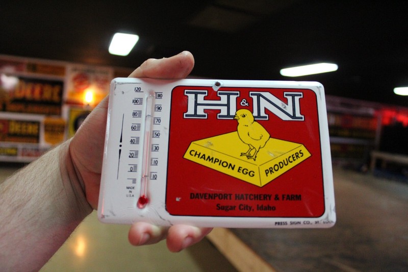 RARE 1950s H&N CHAMPION EGG FEED STAMPED PAINTED METAL THERMOMETER SIGN CHICKEN