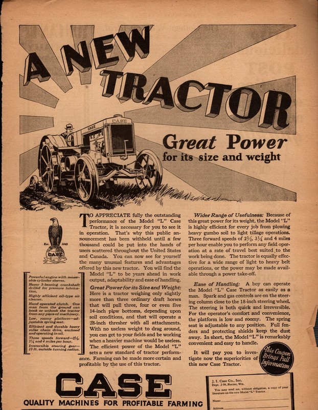 1929 Case Tractor ad Model L Racine WI – Scarce