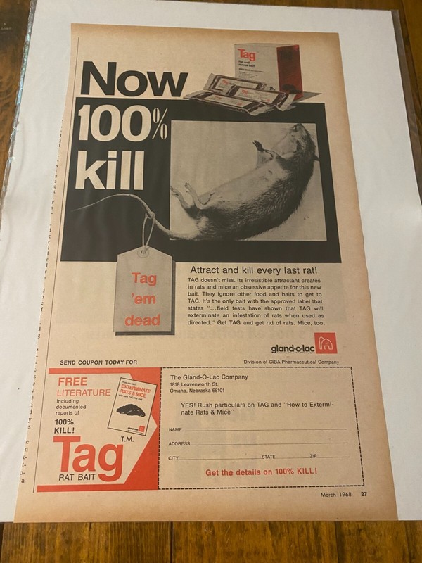 Vintage 1968 Tag Rat Bait Attract & Kill Every Last Rat Dead Rat ad