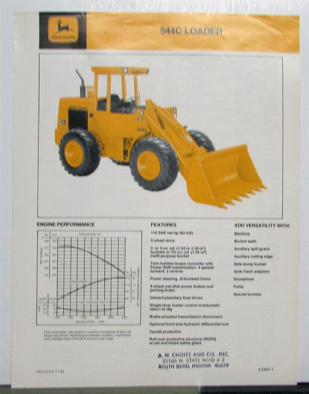 1981 John Deere 544C Loader Specifications Construction Sales Brochure