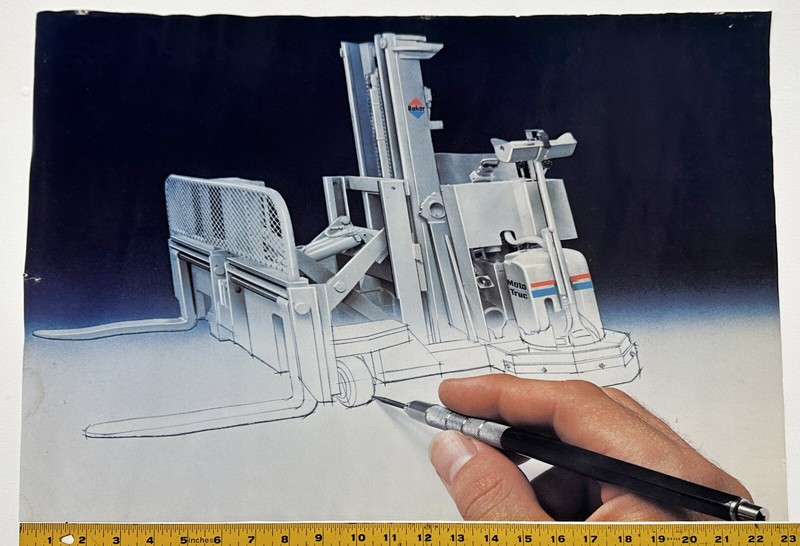 Vintage Forklift Advertising Poster Photograph Drafting Drawing Color Sketch