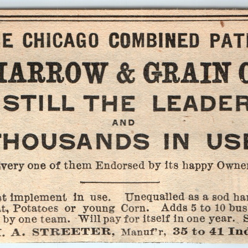 Vtg 1891 H.A. Streeter Chicago IL Flexible Harrow Cultivator Print Ad Farm Tool