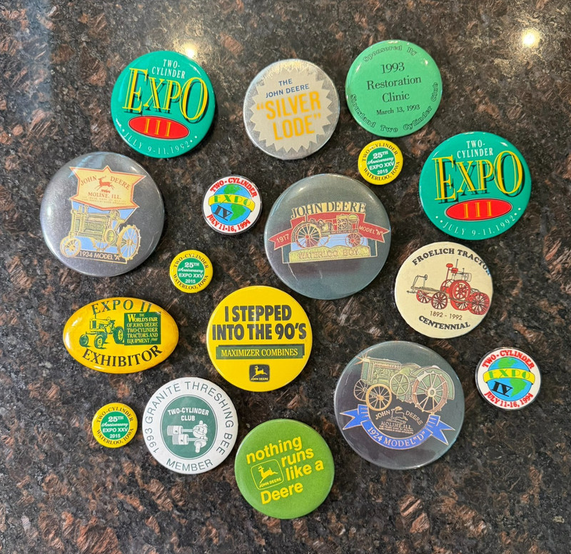 Lot of 17 VTG Pinback Button Pins Tractors Threshing Expo John Deere