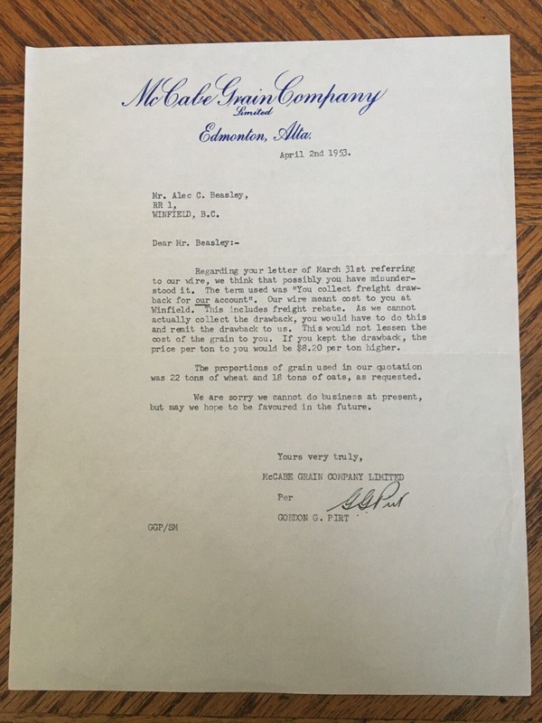 McCabe Grain Co Farm Machinery Letter Receipt 1953 Kelowna BC Cattle Ranch Wire