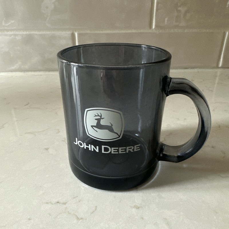 COLLECTIBLE Coffee Mug John Deere Clear Black /Dray Gray Glass White Dear Logo