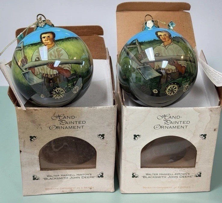 John Deere Tractor Christmas Ornament Hand painted WALTER HASKELL Hinton LOT 2