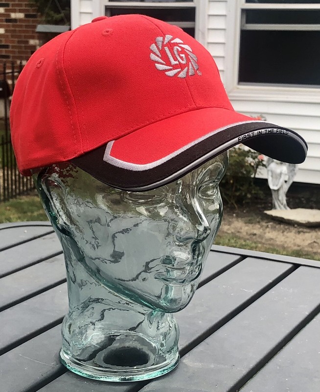 VINTAGE RED & BLACK LG SEEDS SEED Co. CORN ADJUSTABLE FARM FIELD HAT K-PRODUCTS