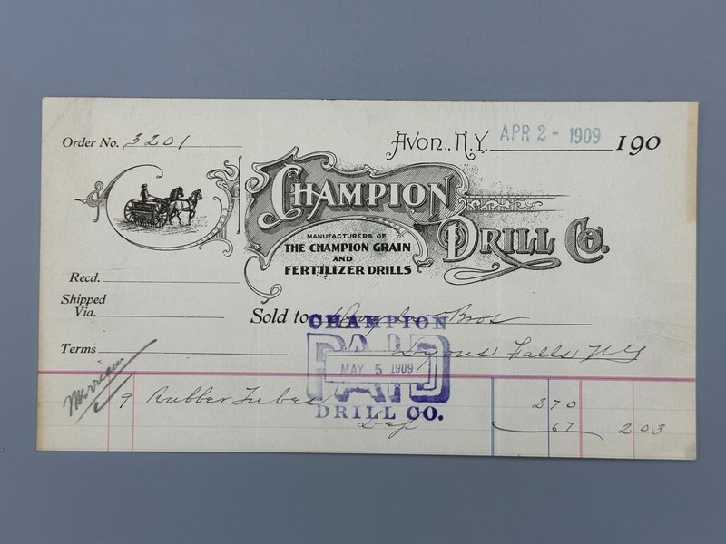 1909 CHAMPION GRAIN DRILL Farm Advertising AVON NY Illustrated Invoice Antique
