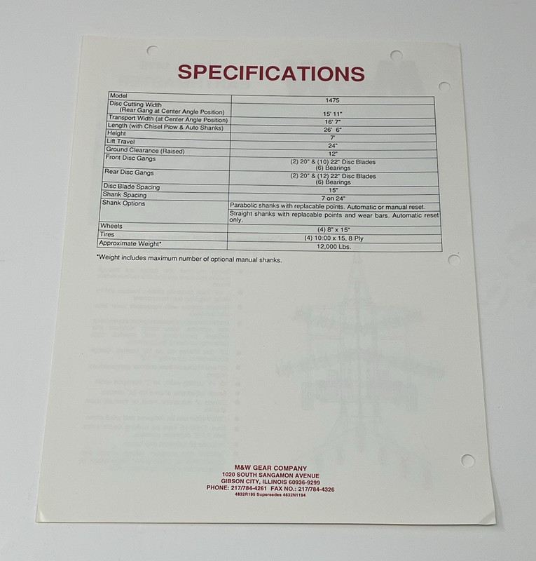 M&W Earthmaster Model 1475 General Specifications Dealer Sales Brochure gallery