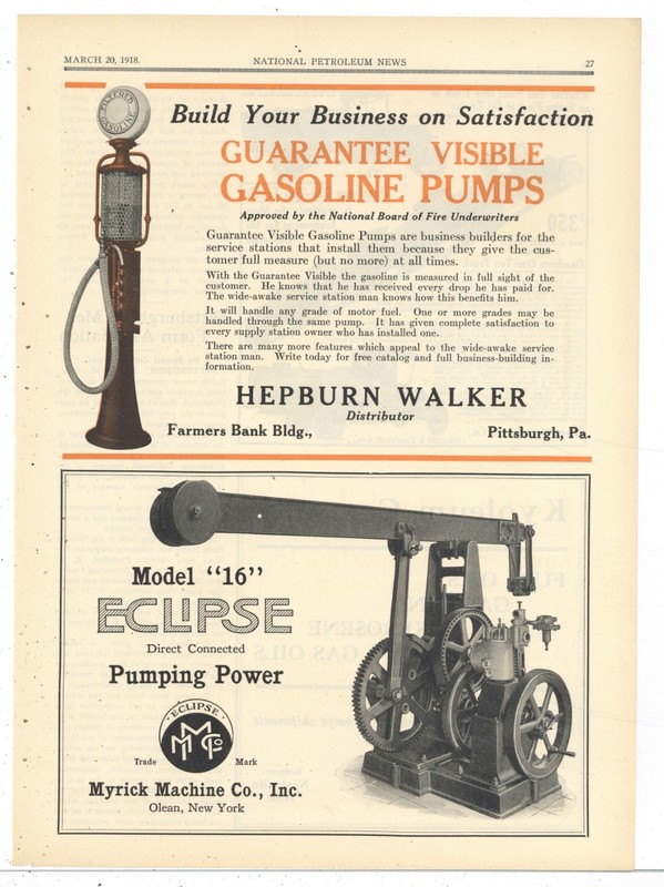 1918 Myrick Machine of Olean New York Ad: ECLIPSE Model 16 Oil Pumping Engine