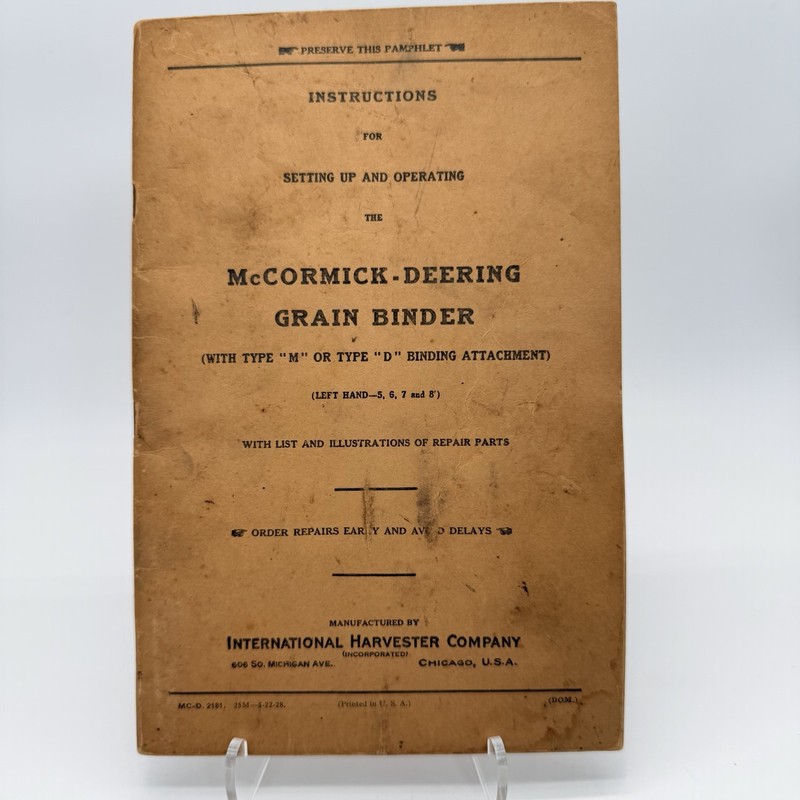 McCormick Deering Type M or D Grain Binder Instruction manual pub 1929