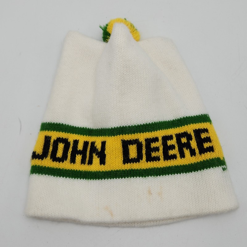 Vintage 1970s John Deere Tractor Ski Knit Beanie Stocking Cap Pom Pom Winter Hat