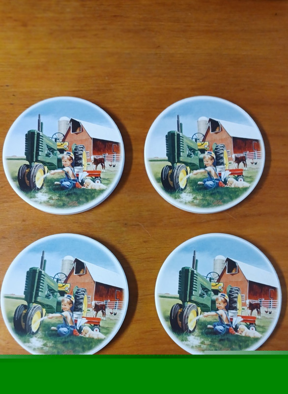 Vintage John Deere "Little Farmhands" Coaster Set "Clean and Shiny" illustration gallery