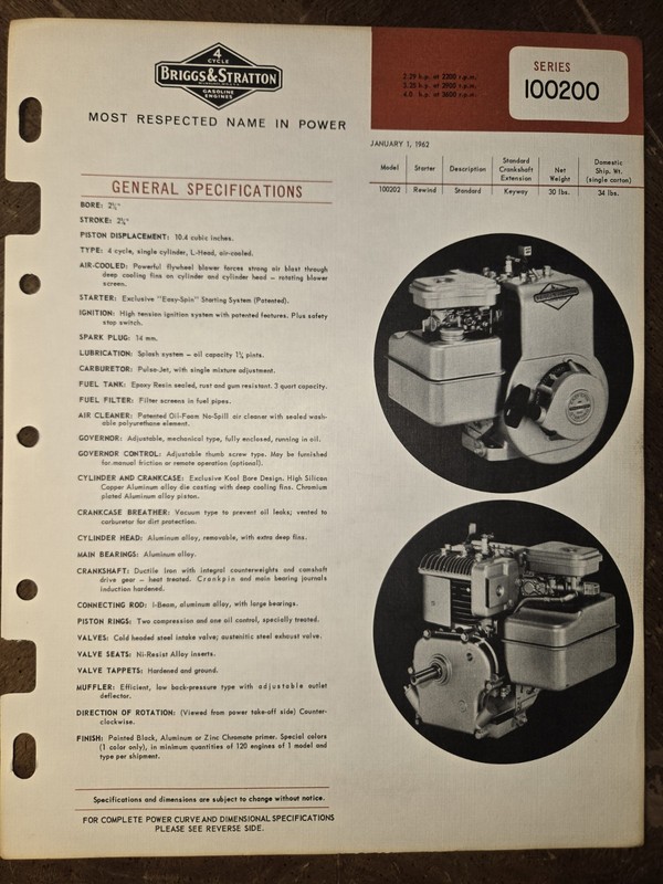 BRIGGS AND STRATTON SERIES 10200 DOUBLE SIDED ADVERTISEMENT RARE