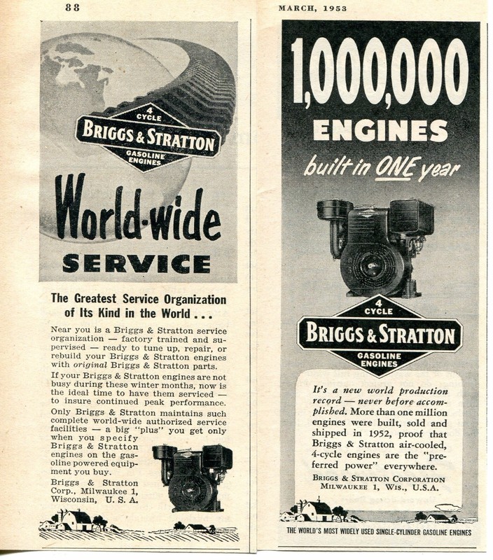 1953 small Print Ad of Briggs & Stratton 4 Cycle Farm Engine 2 different ads