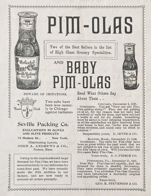 1899 AD.(XH63)~SEVILLE PACKING CO. NYC. PIM-OLAS AND BABY PIM-OLAS