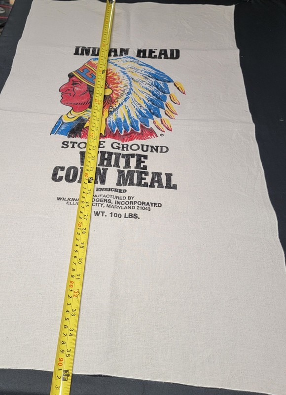 Vtg Rare Indian Head Stone Ground White Corn Meal Sack Bag Fabric 100lbs 36x20in gallery