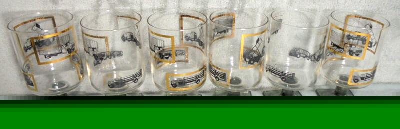 Vintage Lot of 6 MCM Truck Print Gold Gilded Pedestal Clear Drinking Glasses