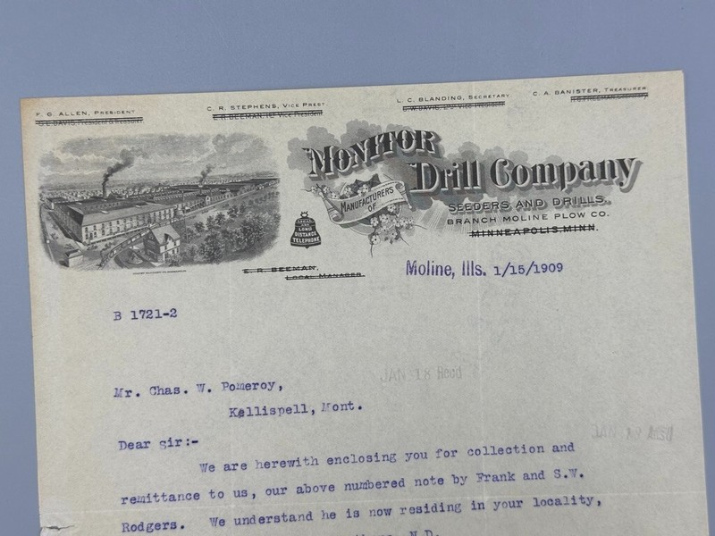 1909 MONITOR DRILL Co FARM ADVERTISING Illustrate Letter Antique MOLINE Illinois
