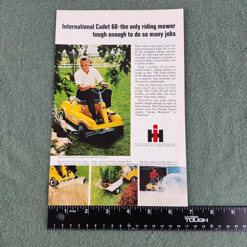 IH International Harvester Cadet 60 Tractor Mower Vintage Print Ad 1969