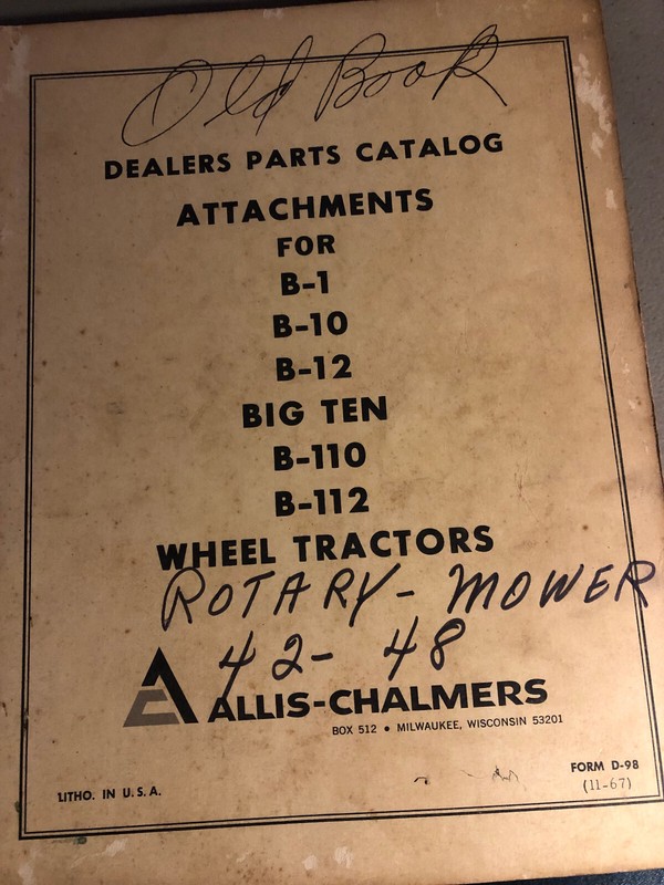 ALLIS CHALMERS PARTS CATALOG ATTACHMENTS FOR B-1,10,12,BIG TEN,B-110,112